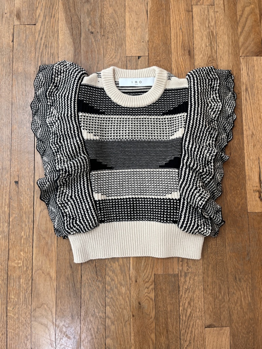 IRO Black & Cream Striped Ruffle-Sleeve Cropped Knit Sweater